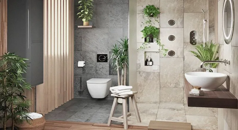 Nhà tắm sạch: Bình đá thạch anh và cây xanh.