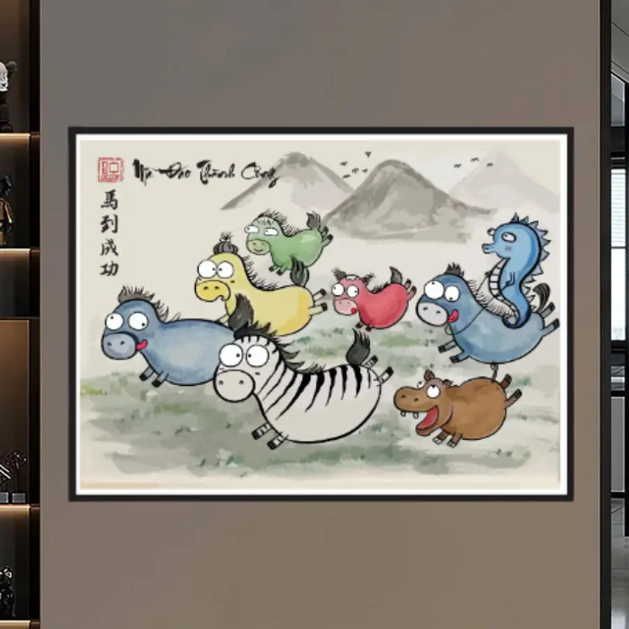 Ngựa Tám Con Chiêu Tài: Giải Mã Biểu Tượng Sức Mạnh, Tốc Độ và Thịnh Vượng Trong Phong Thủy Chính Phái 5 Tranh Mã Đáo Thành Công hài hòa và năng động