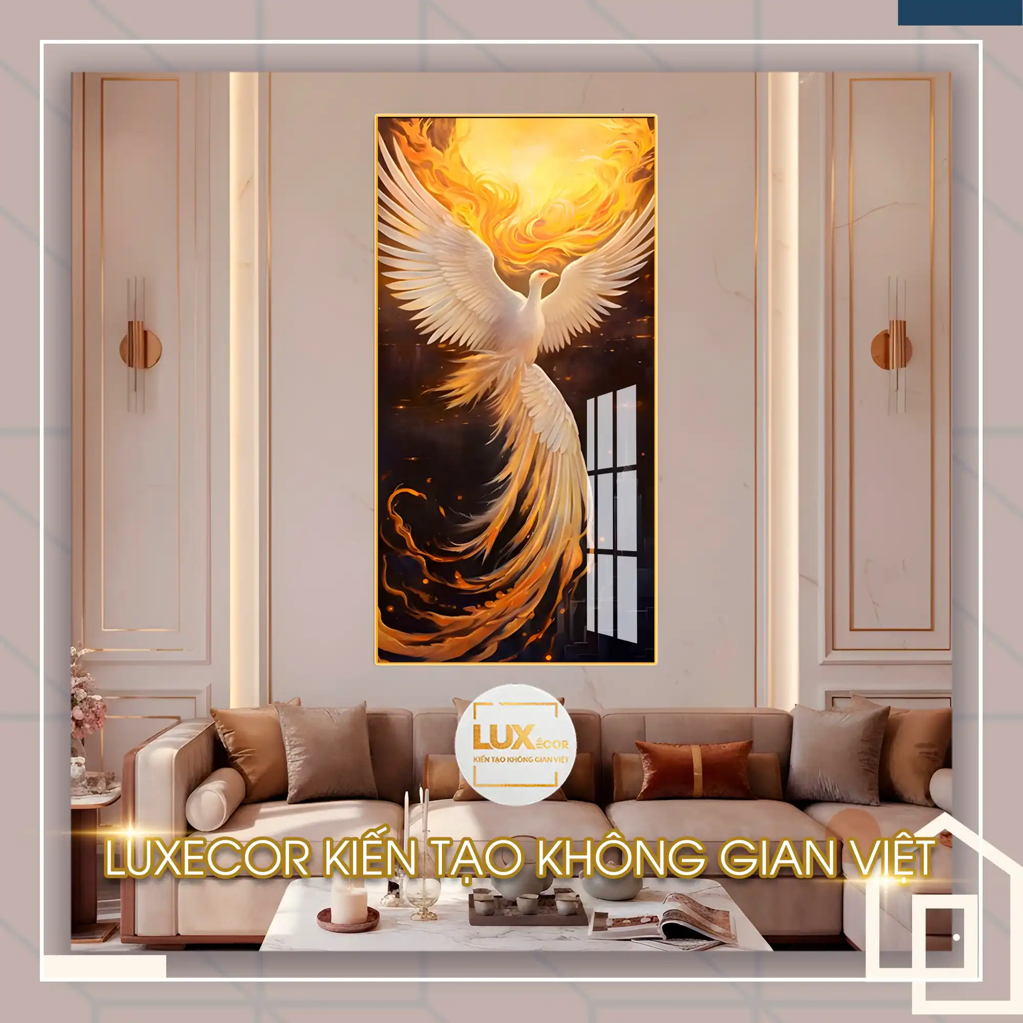 Phòng khách Phong Thủy ấm cúng, Phượng Hoàng điểm nhấn.