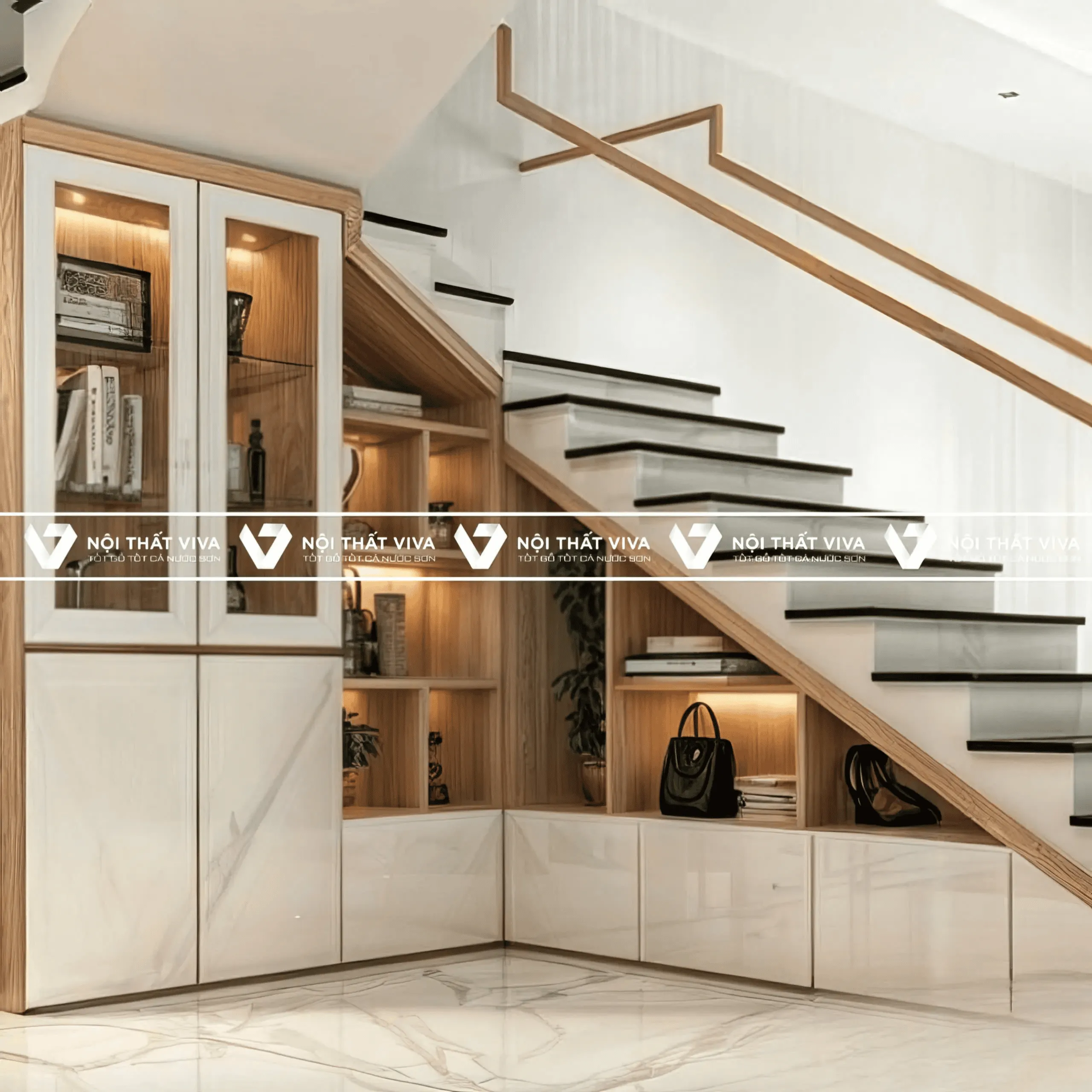 Tủ kệ phong thủy: Vị trí vàng cửa cầu thang.