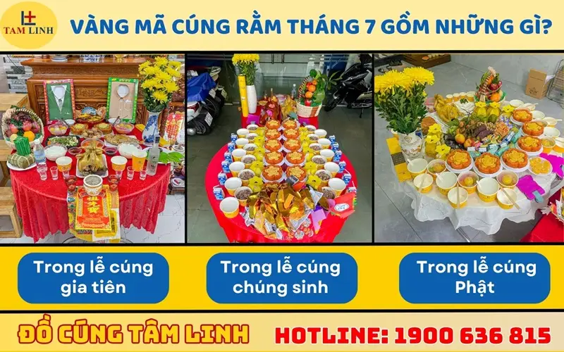 Vàng Mã Cúng Rằm Tháng 7: Nghi Lễ Thành Kính, Bố Cục Chuẩn Mực 3 Mâm cúng Rằm tháng 7 đầy đủ vàng mã.