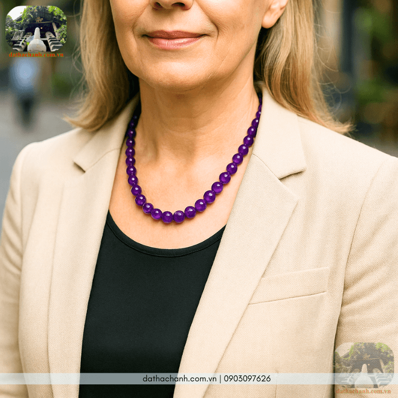 Phụ nữ làm việc văn phòng thanh tịnh với vòng thạch anh tím.