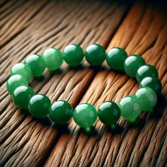 Vòng Ngọc Bích Tuổi Mùi: Bí Quyết Thu Hút Cát Khí & May Mắn 5 Vòng ngọc bích màu xanh lục tự nhiên trên nền gỗ