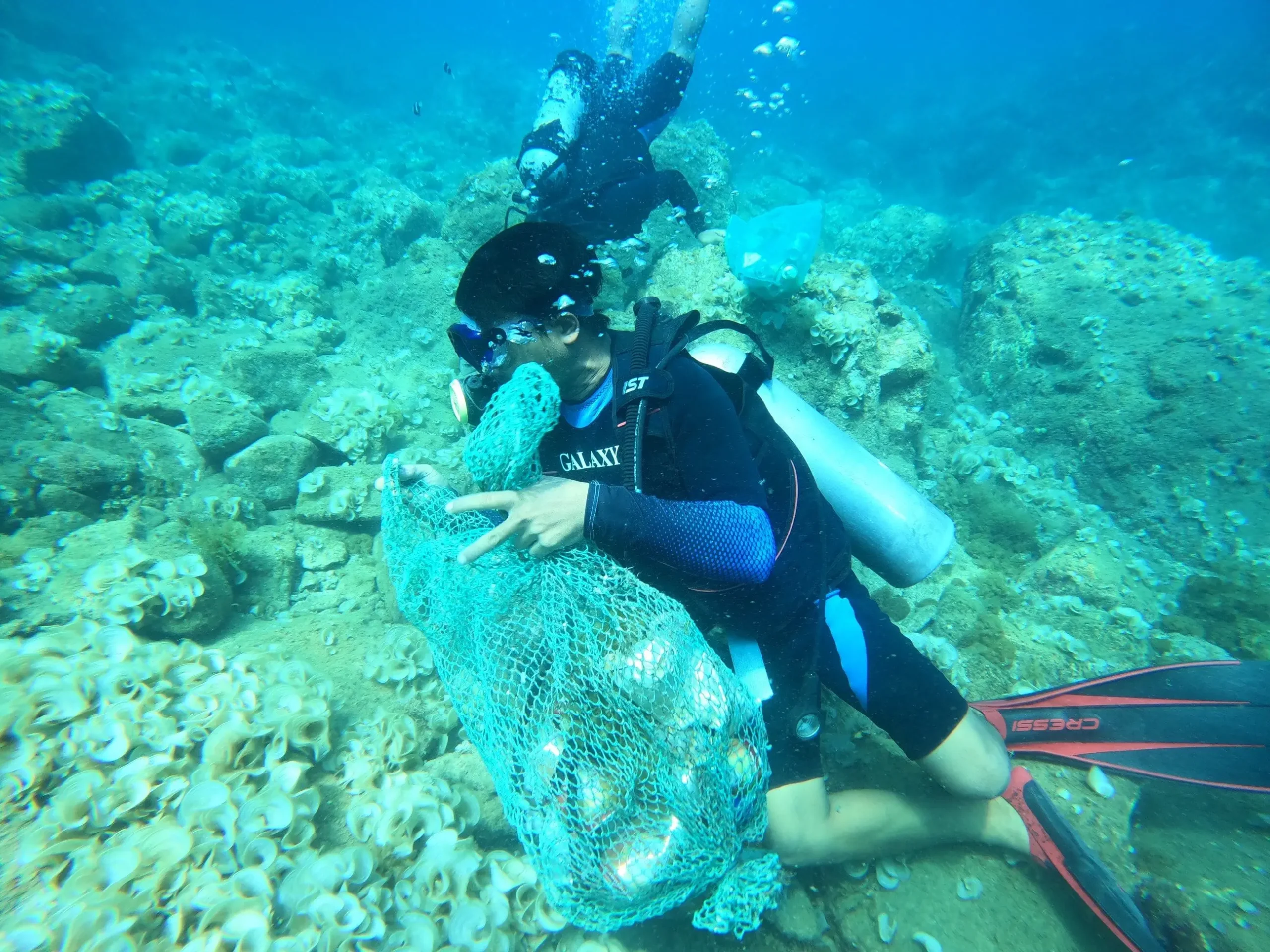 Người lặn biển nhặt hàu trên bãi biển.