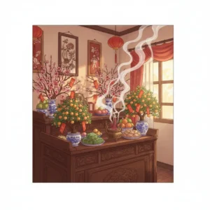 Bàn thờ tổ tiên trang nghiêm, hương khói nghi ngút.