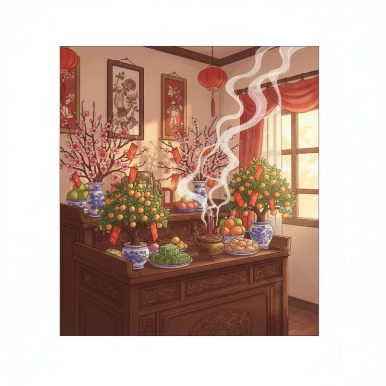 Bàn thờ tổ tiên trang nghiêm, hương khói nghi ngút.