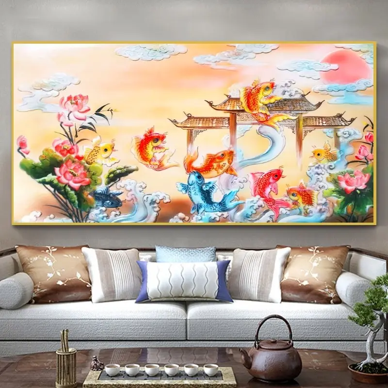 Cửu Ngư Vượt Vũ Môn: Điểm nhấn phòng khách sang trọng.