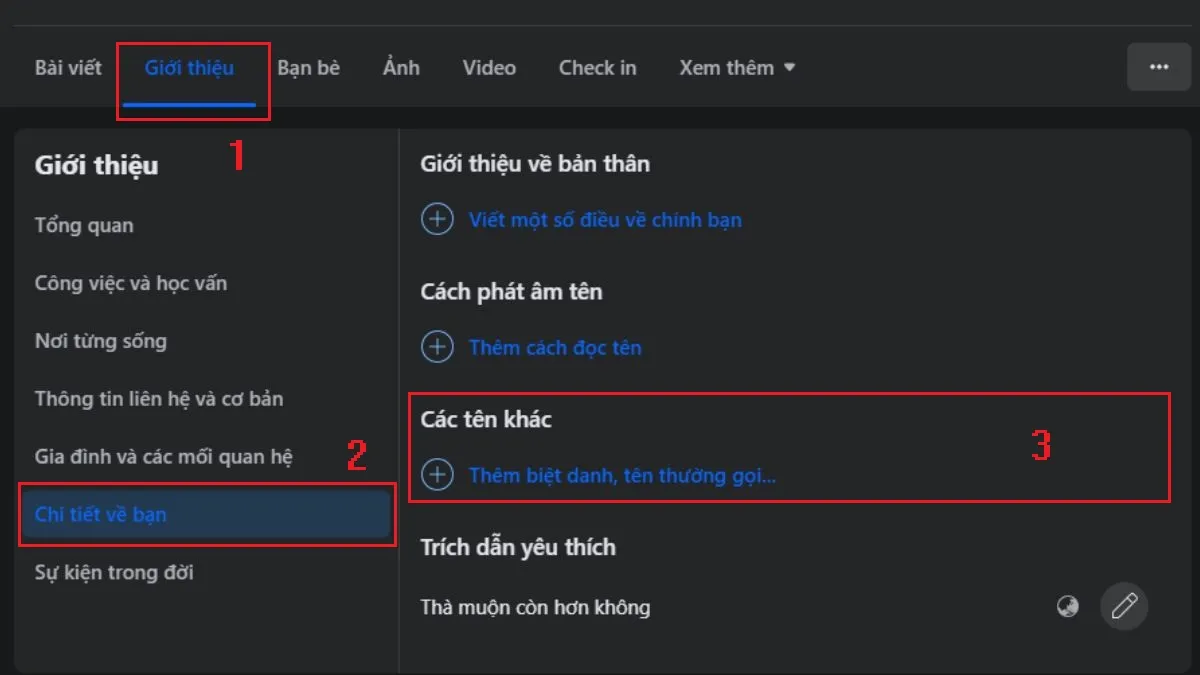 Minh họa các bước cách đặt biệt danh Facebook trên máy tính