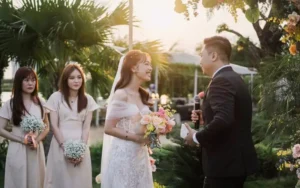 Khách mời vui vẻ mỉm cười trong đám cưới hạnh phúc.