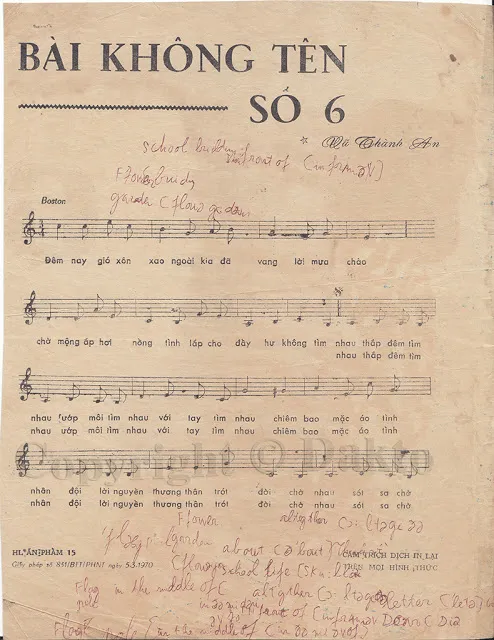 Hình ảnh bản nhạc Bài Không Tên Số 6 của nhạc sĩ Vũ Thành An với những nốt nhạc trầm mặc