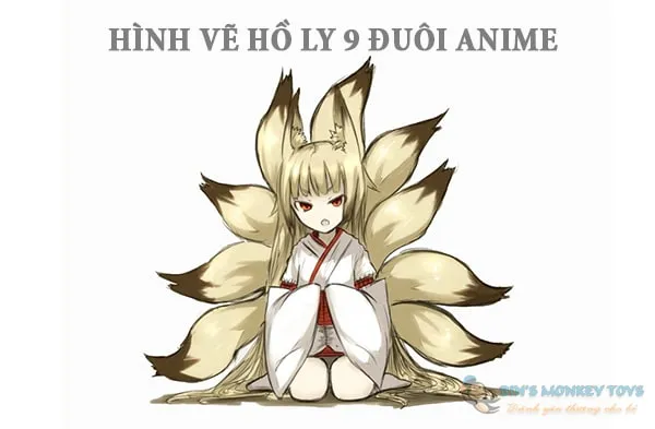 Tranh vẽ hồ ly 9 đuôi anime với phong cách dễ thương.