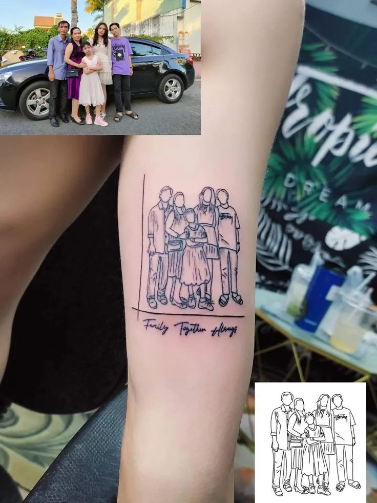 Hình xăm gia đình bằng đường nét tối giản cực kỳ hiện đại