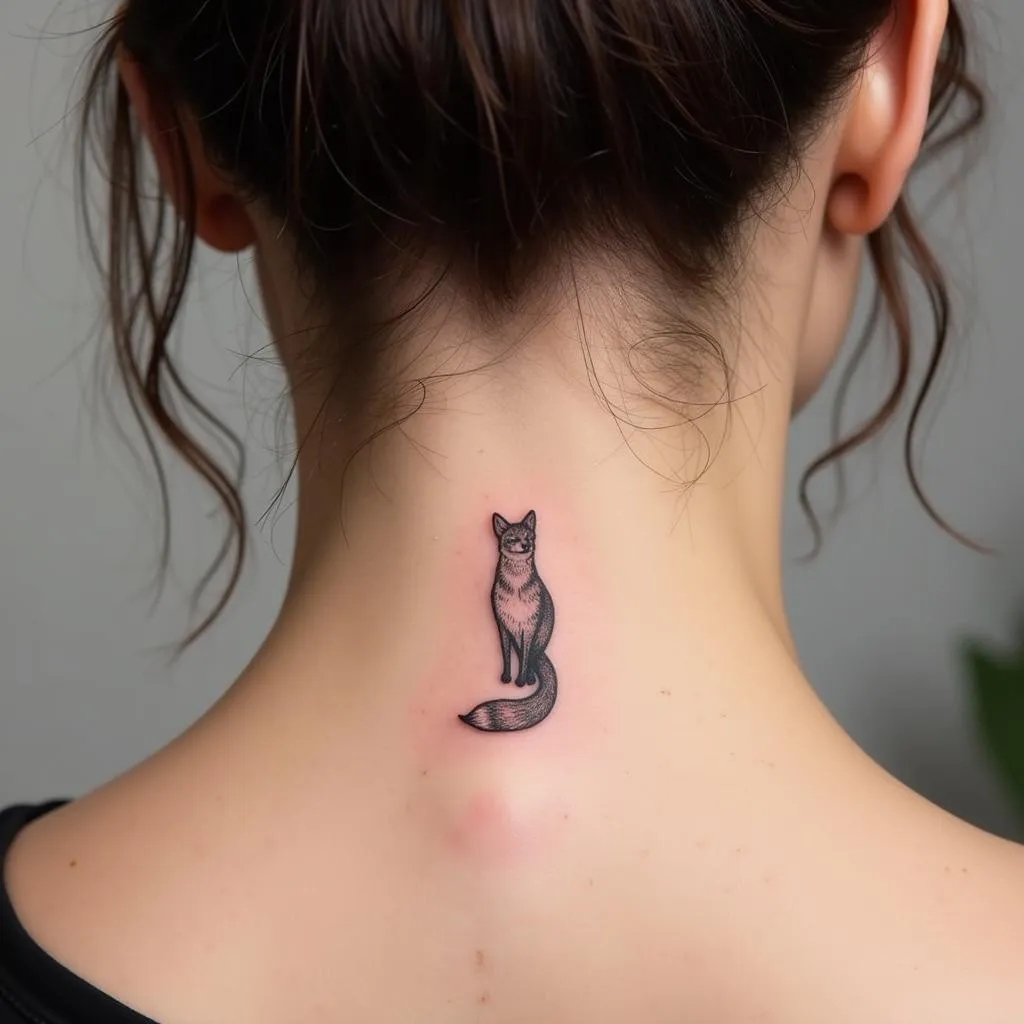 Hình xăm hồ ly 9 đuôi mini phong cách fine line sau gáy, nhỏ nhắn và quyến rũ cho phái nữ