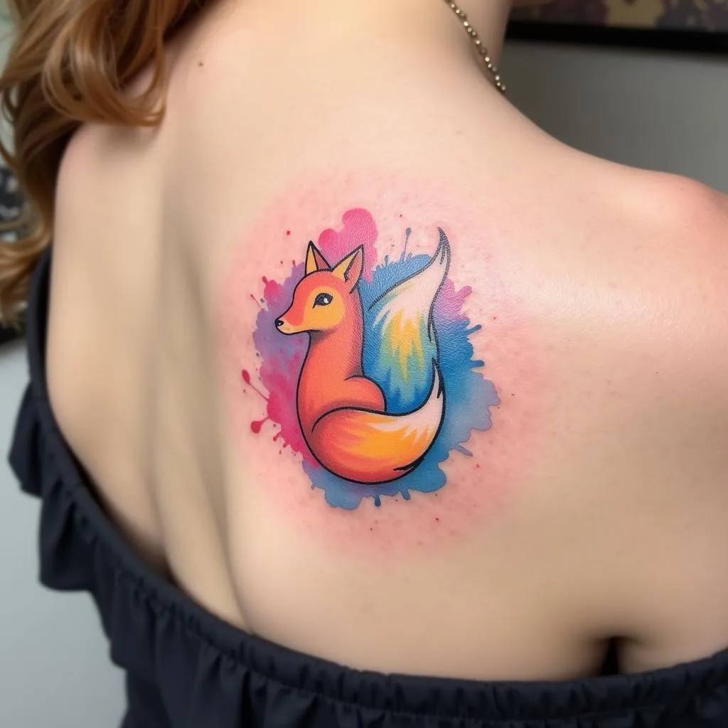 Hình xăm hồ ly 9 đuôi mini phong cách màu nước trên vai, nổi bật với sắc màu rực rỡ và nghệ thuật