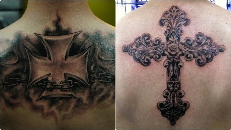 Hình xăm thập tự ở lưng cho nam có nhiều cách vẽ, họa tiết khác nhau tạo cảm giác huyền bí