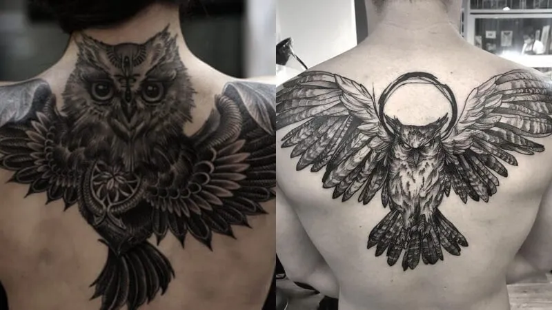 Hình xăm cú mèo phía sau lưng đại diện cho sự kiên trì, nhẫn nại và nhanh trí