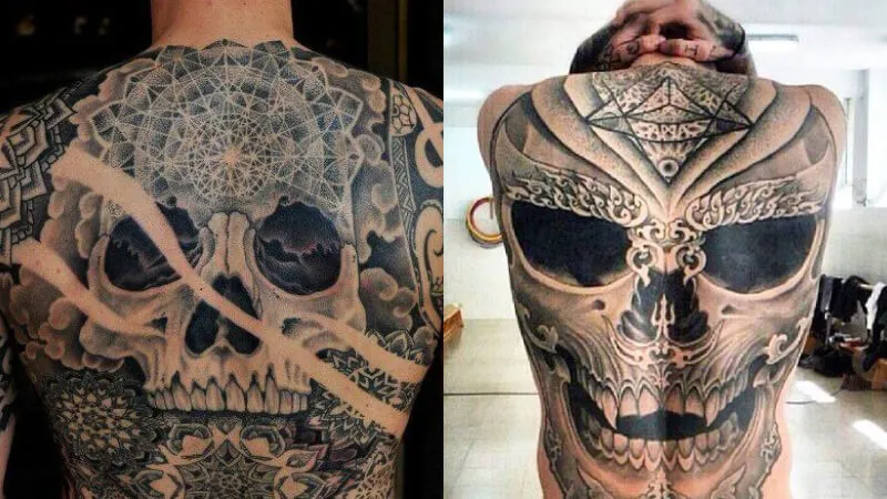 Hình xăm đầu lâu trắng đen trên lưng