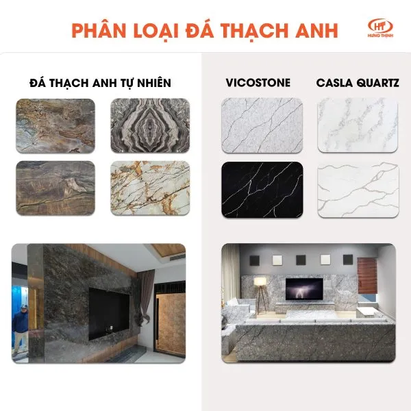 Đá Thạch Anh tự nhiên (bên trái) và đá Thạch Anh nhân tạo (bên phải)