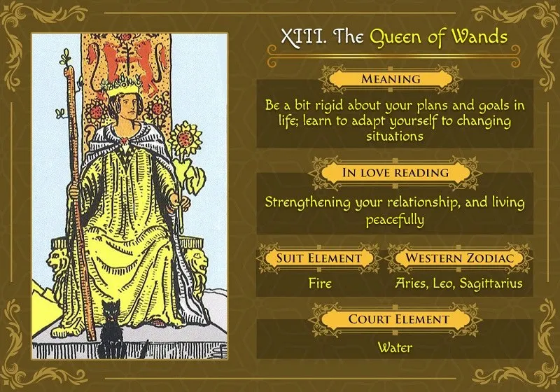Lá bài Queen of Wands đại diện cho sự tự tin và năng lượng dồi dào