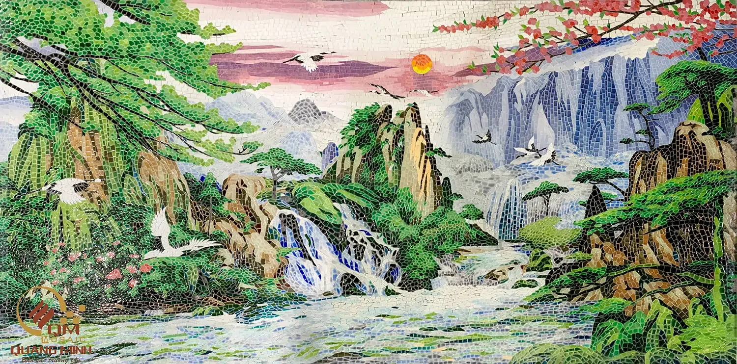 Tranh mosaic gốm Tùng hạc Diên Niên tượng trưng cho sự trường thọ và sức khỏe dồi dào