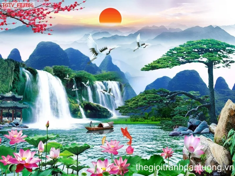 Không gian phòng khách trở nên sang trọng hơn với tranh sơn thủy