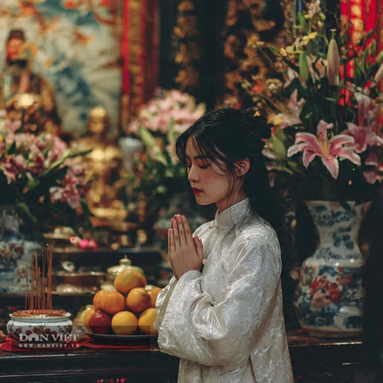 Bàn thờ Thần Tài được lau dọn sạch sẽ trang nghiêm sau khi bao sái