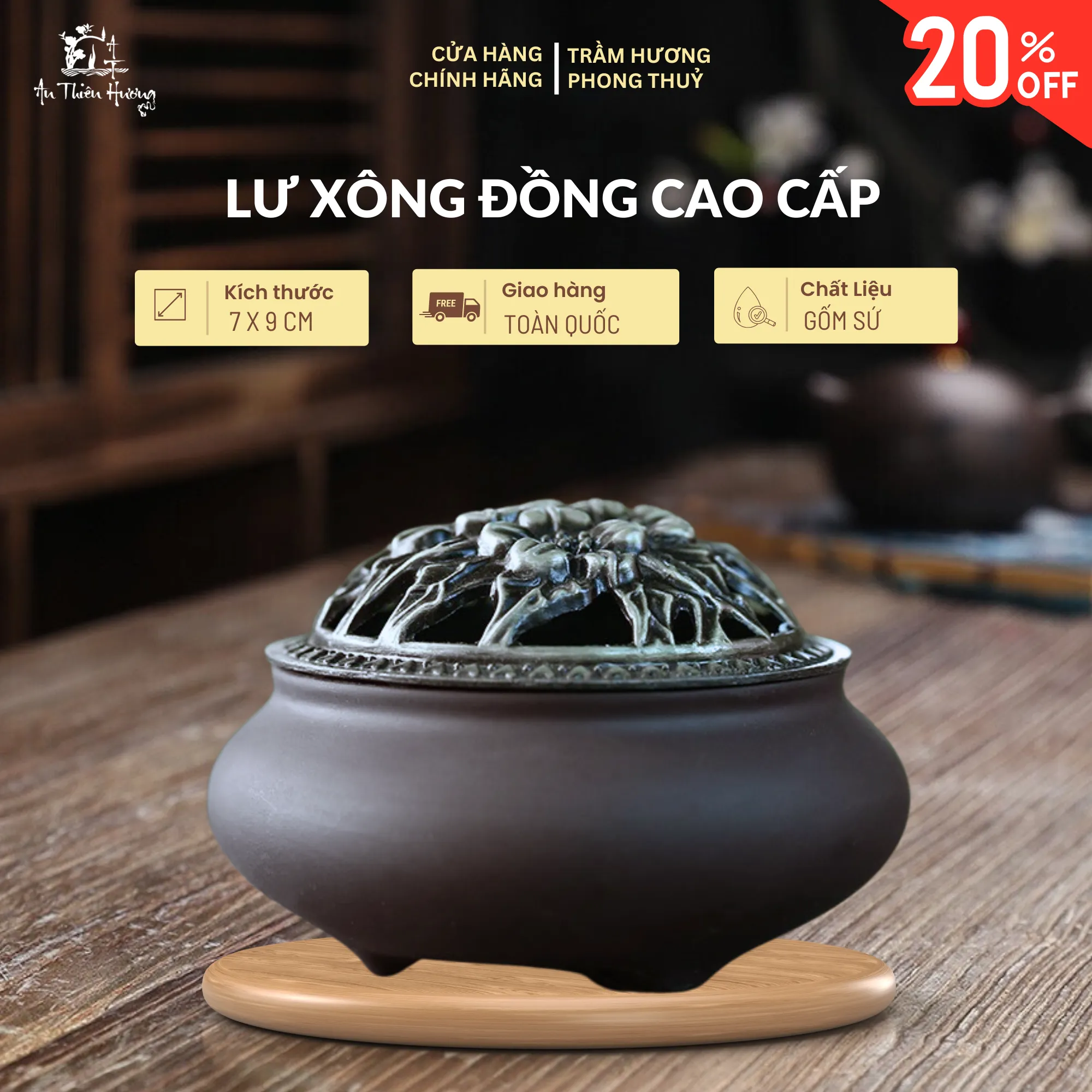 Lư gốm sứ xông trầm hương màu vàng chanh nắp sắt
