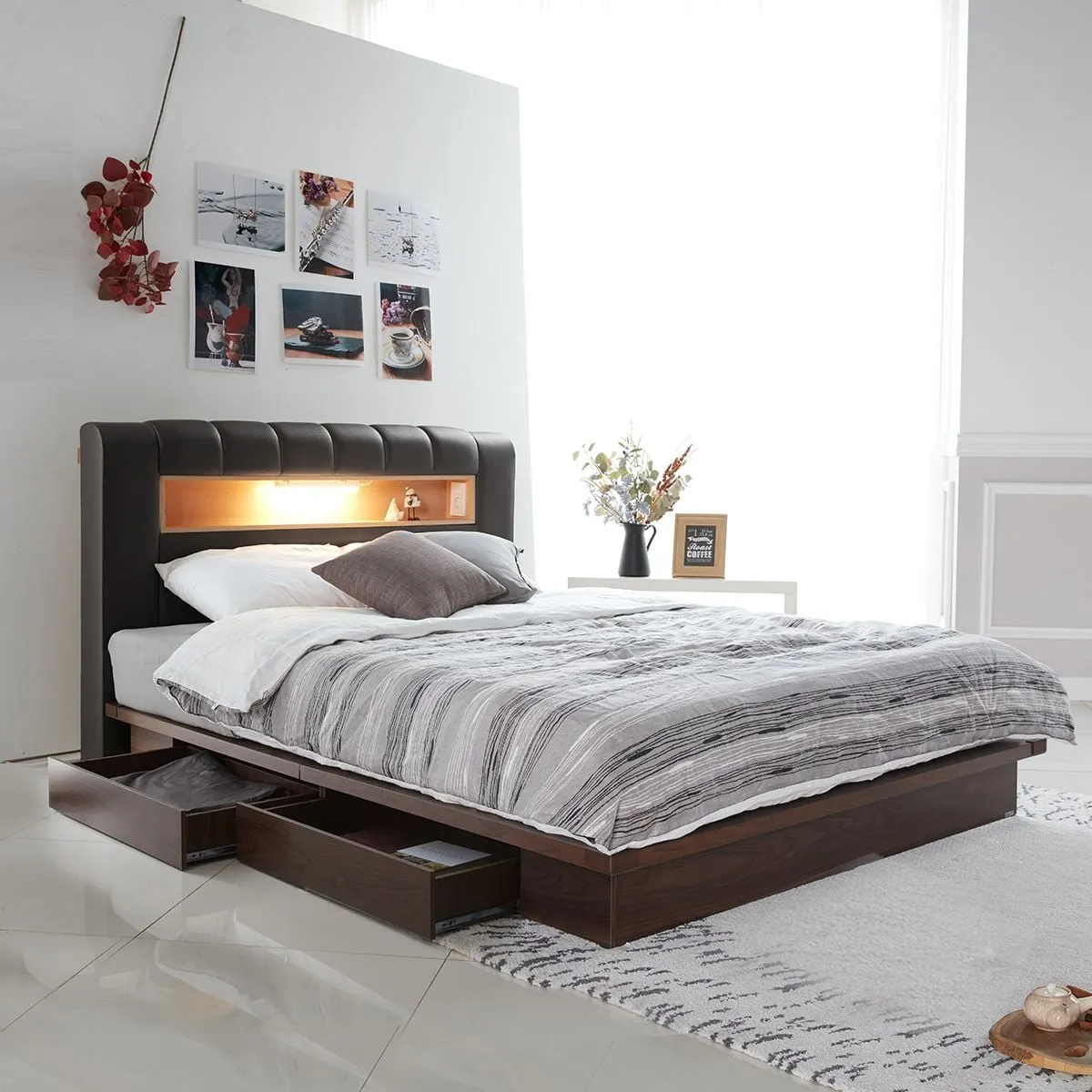 Mẫu giường bọc da DB003 tích hợp LED và ngăn kéo chứa đồ