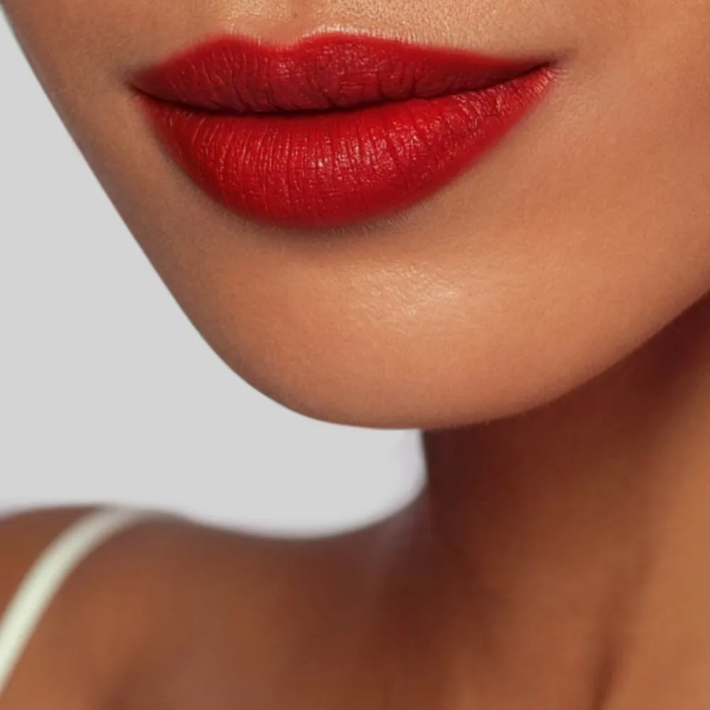 Sắc đỏ thuần tạo sự tương phản rõ nét với làn da tối màu làm khuôn mặt nổi bật