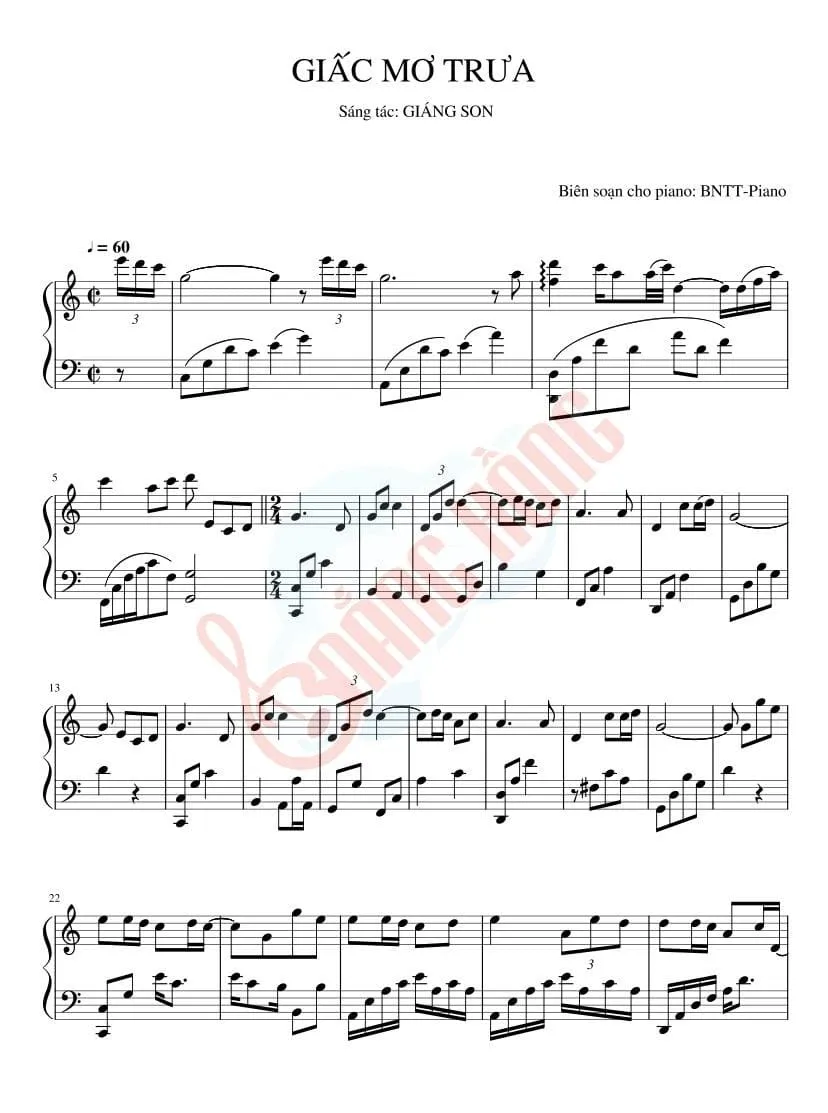 Sheet piano Giấc Mơ Trưa trang 1 với phần intro và verse đầu tiên