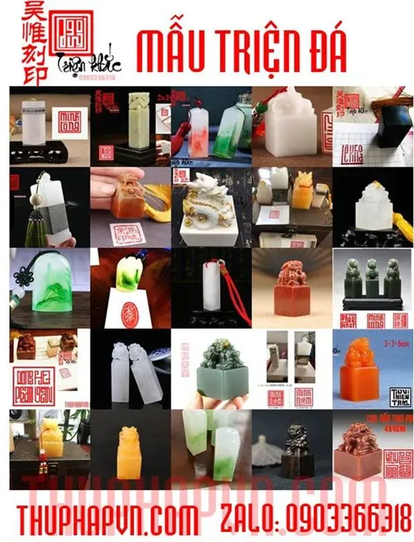 Bộ sưu tập các phôi đá thiên nhiên dùng để chế tác ấn chương, thể hiện chất liệu truyền thống của thư pháp triện thư.