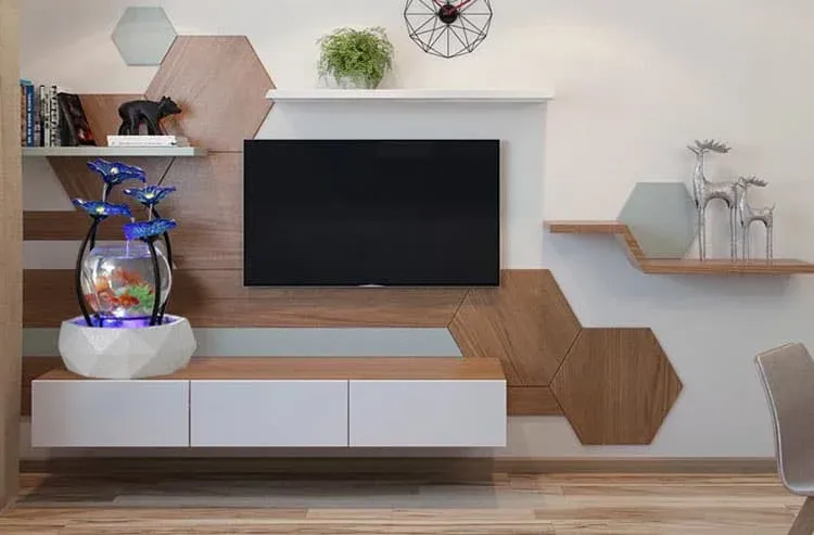 Bài trí Kệ tivi Phòng Khách Nhà Phố Với Bể Cá thùy sinh để bàn