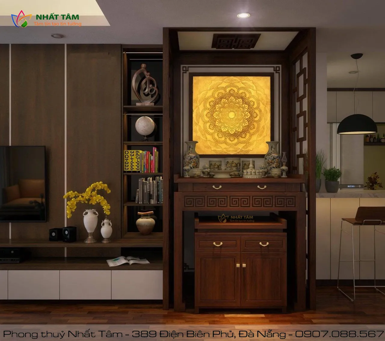 Không gian thờ tự ốp gỗ trang nghiêm tại căn hộ chung cư hiện đại