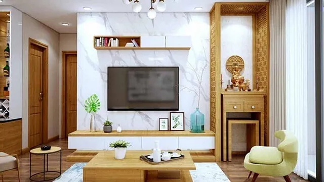 Bàn thờ gắn tường kết hợp tủ tivi là giải pháp thông minh giúp tối ưu hóa diện tích cho căn hộ nhỏ