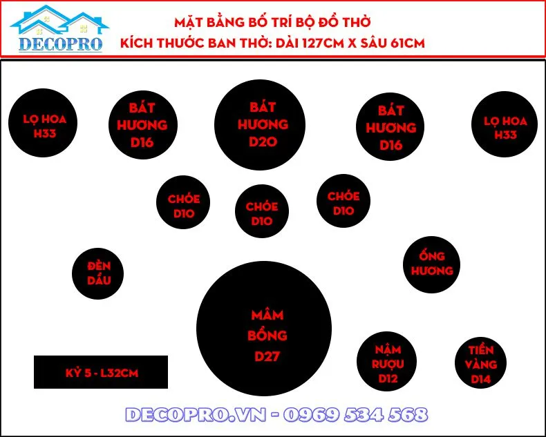 Mặt bằng bố trí Bộ Đồ Thờ Gia Tiên Ban thờ Dài 127cm x Sâu 61cm