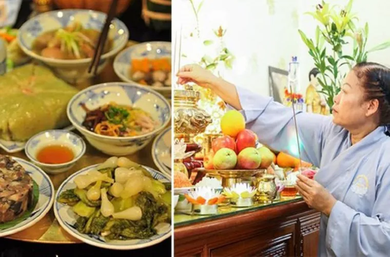 Đồ lễ cúng rằm gồm hương đèn hoa quả trên bàn thờ