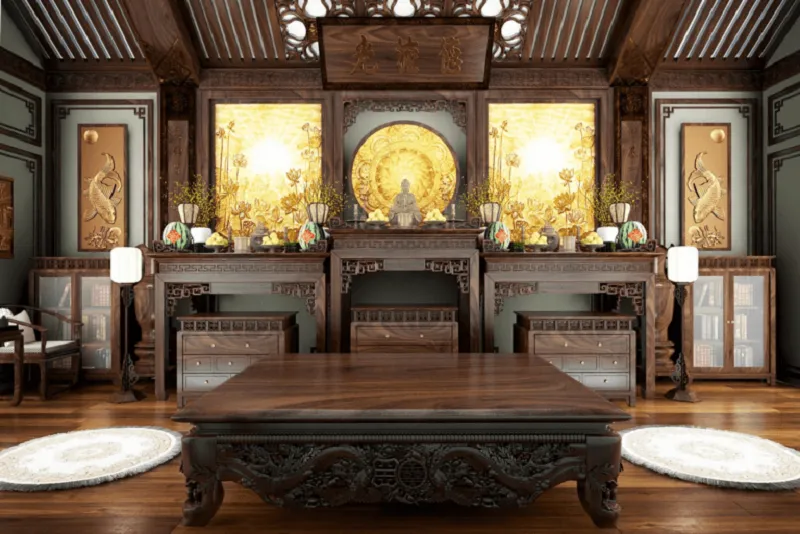 Nghệ nhân đang đo đạc kích thước bàn thờ bằng gỗ tự nhiên chuẩn phong thủy