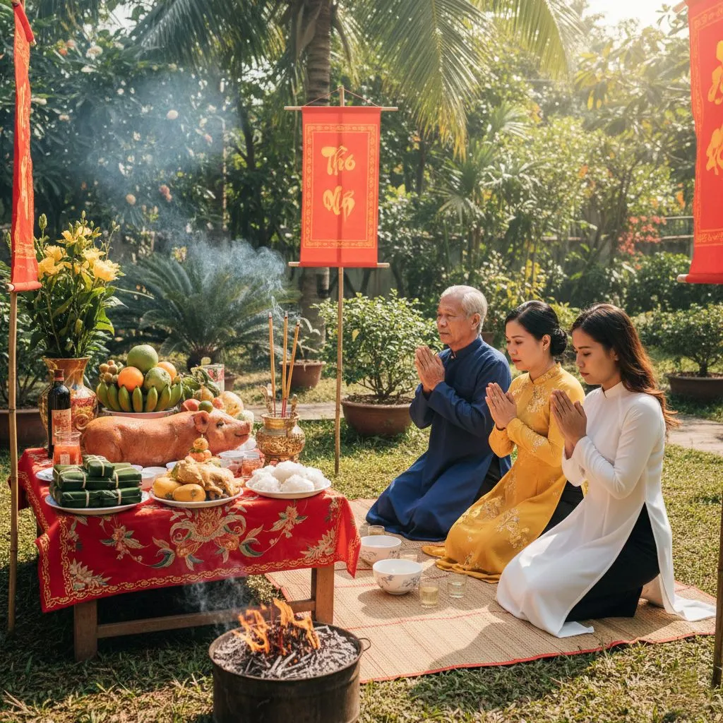 Gia chủ chuẩn bị mâm lễ cúng tạ đất tươm tất với gà luộc và sớ điệp trước bàn thờ Thần Linh