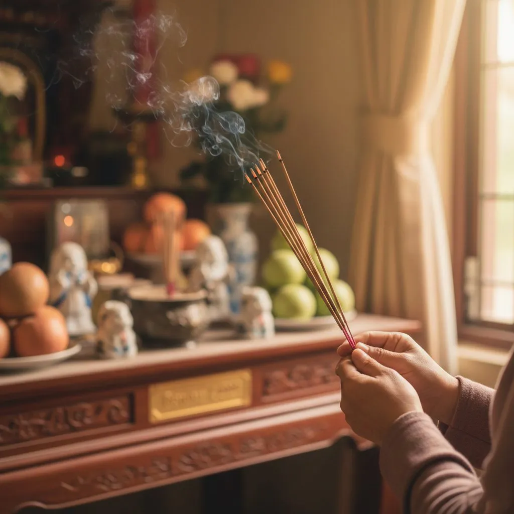 Người dân thực hiện nghi lễ thắp nhang và khấn vái trước mâm lễ ngoài sân để tạ ơn thần đất