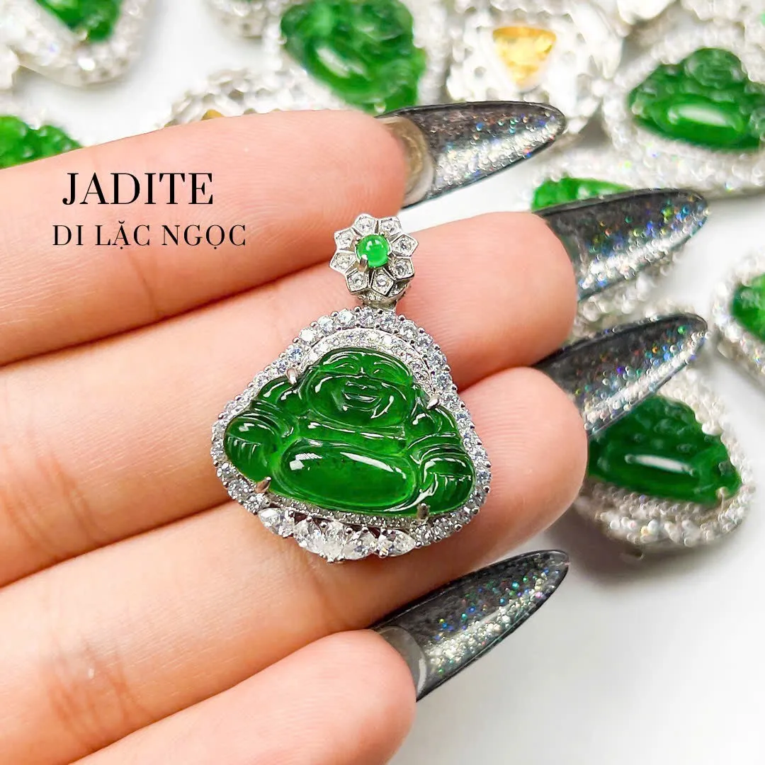 Mặt dây chuyền Phật Di Lặc đá ngọc bích bọc bạc 925 thủ công