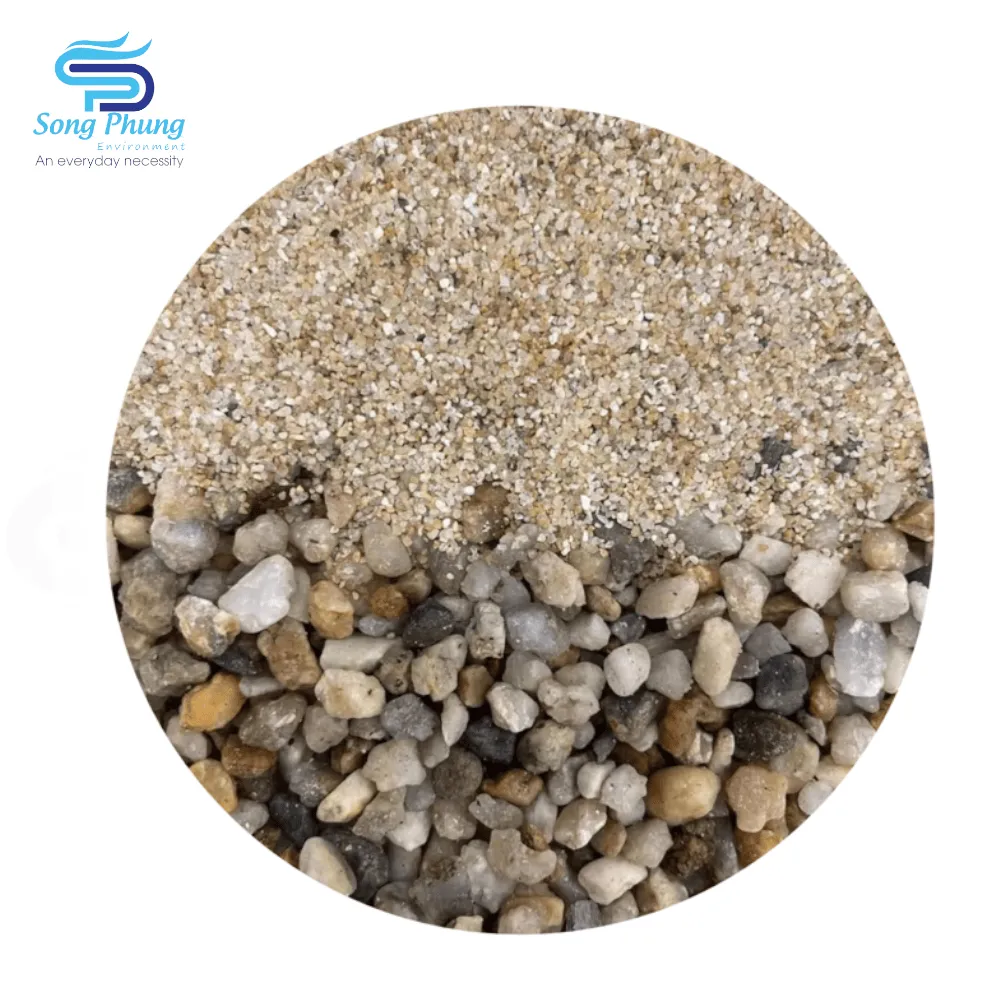 Lớp cát thạch anh trong hệ thống lọc đa tầng - Cát thạch anh nằm giữa lớp sỏi đỡ và lớp than hoạt tính