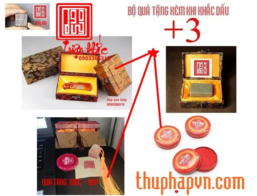 Hộp quà tặng chứa ấn triện hoàn chỉnh và mực sơn, vật phẩm không thể thiếu khi sử dụng thư pháp triện thư.