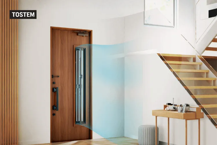 Thiết kế cửa chính một cánh bằng gỗ kết hợp kính đảm bảo sự kín đáo và tích tụ tài khí