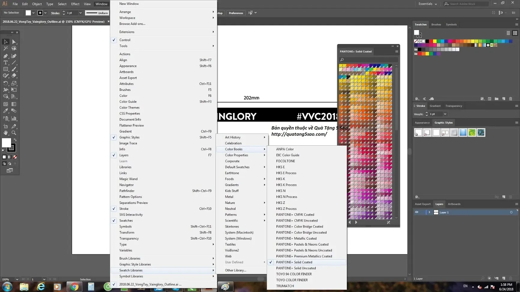 Thao tác tìm kiếm và áp dụng hệ thống mã màu Pantone Solid Coated trong phần mềm Adobe Illustrator