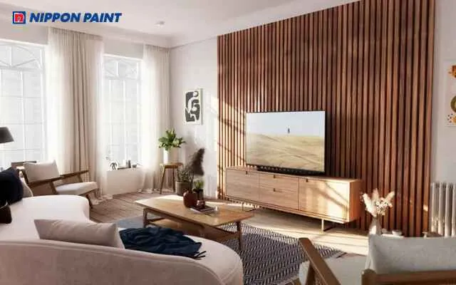 Mẫu 24: Tường ốp gỗ giúp phòng khách trở nên ấm áp và sang trọng