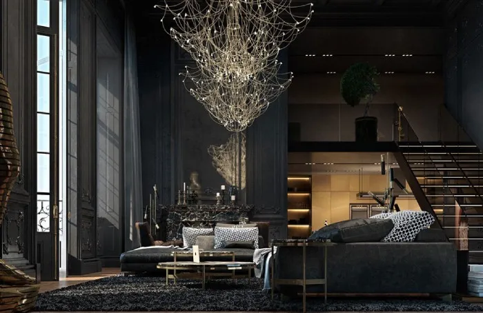 Phòng khách trở nên thời thượng, huyền bí khi gia chủ phối thêm đèn chùm độc đáo, lạ mắt