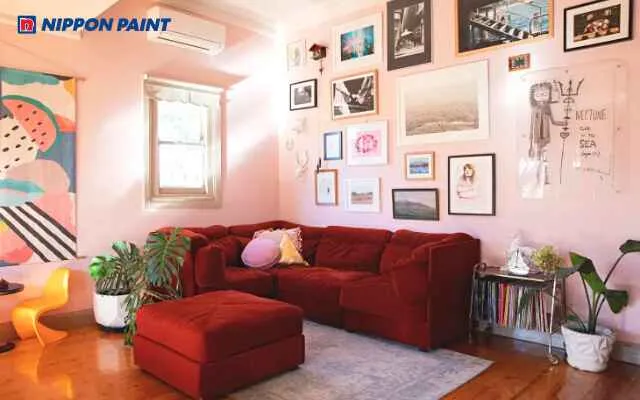 Mẫu 18: Phòng khách nổi bật với sự kết hợp hài hòa giữa hồng và đỏ