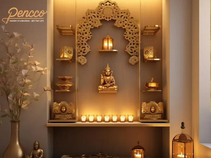 Phòng thờ màu be với đèn vàng ấm cúng