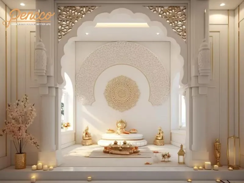 Phòng thờ màu ghi xám với họa tiết vàng đồng