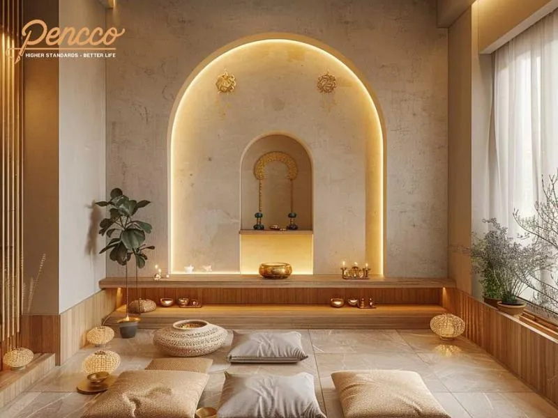 Không gian phòng thờ màu nâu gỗ ấm cúng